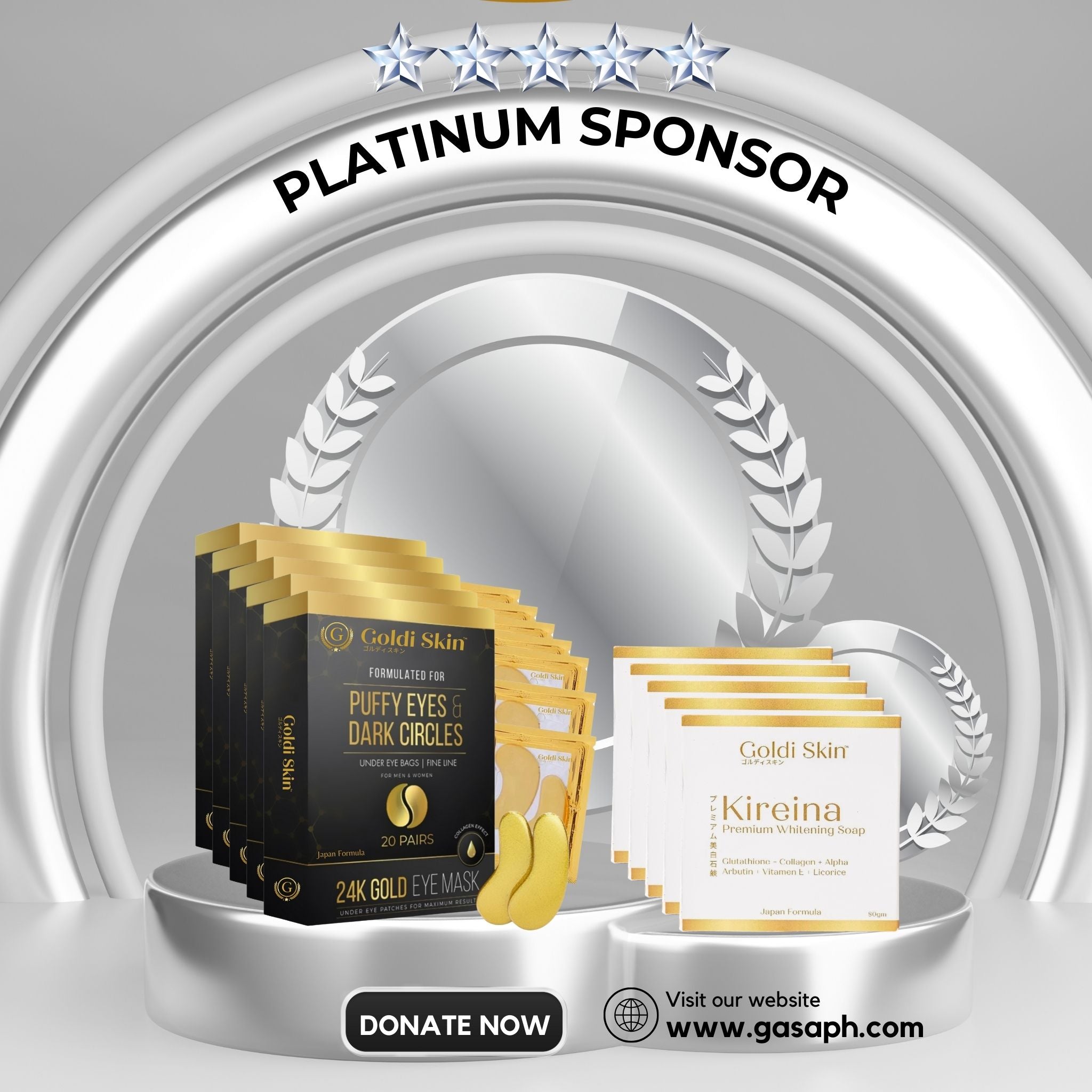 VIP PLATINUM SPONSOR- Goldi Skin Eye Mask (5 Boxes) Goldi Skin Whitening Soap (5 Boxes)