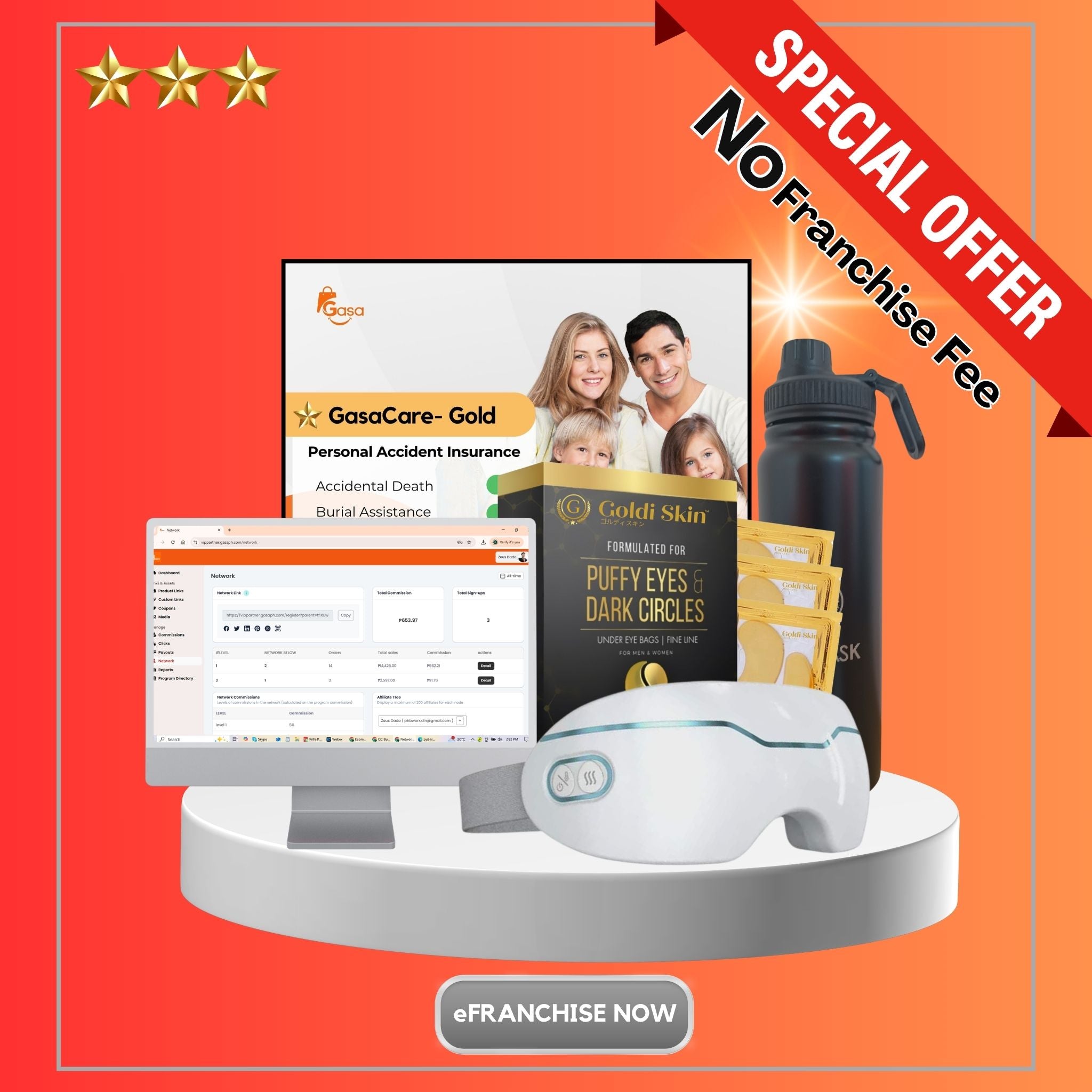 Business Ambassador Gold Package - 1 Gasa Insurance, 1 Goldi Eye Massage Device, 1 Gflask, 1 Goldi Eye Mask