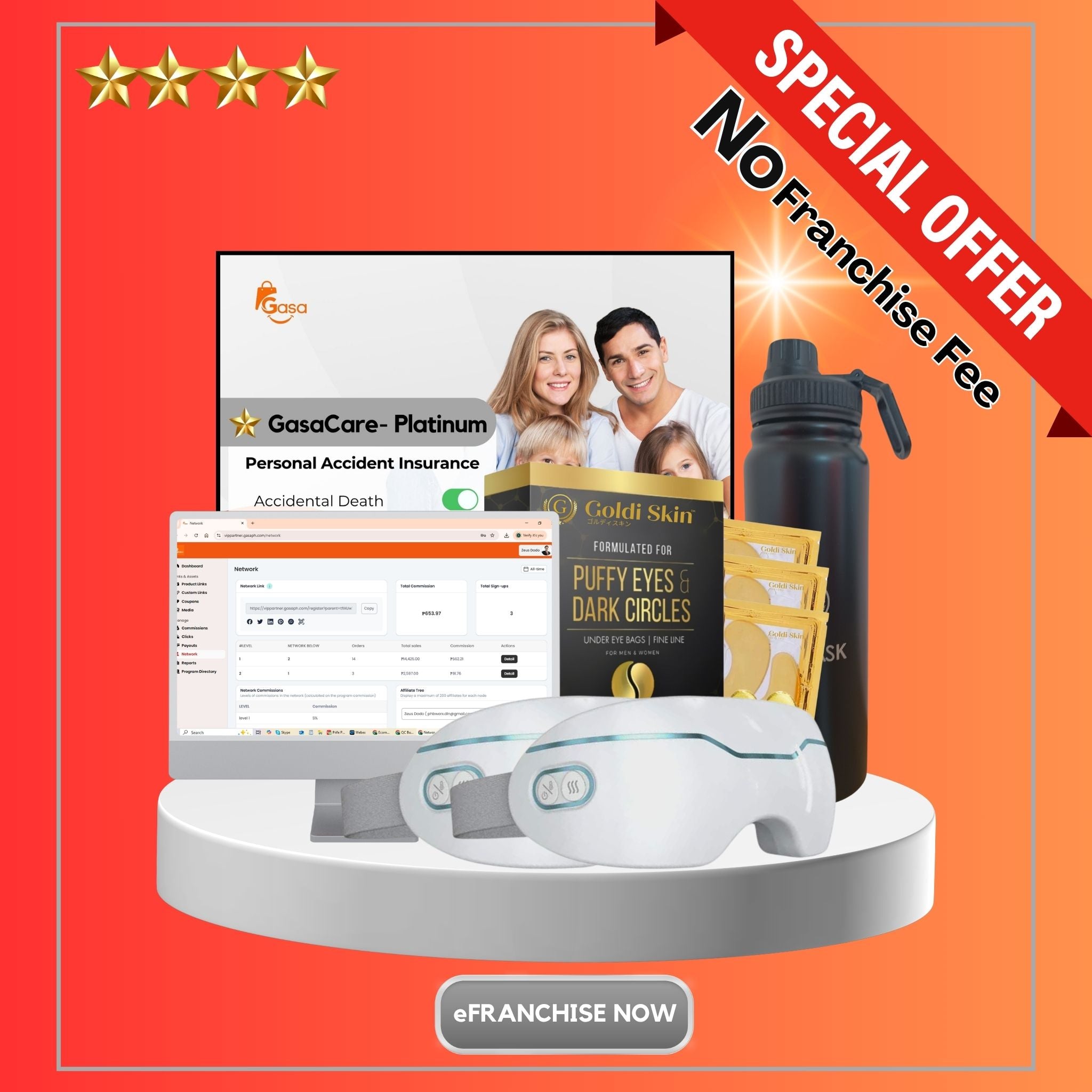 Business Ambassador Platinum Package - 1 Gasa Insurance, 2 Goldi Eye Massage Device, 1 Gflask, 1 Goldi Eye Mask